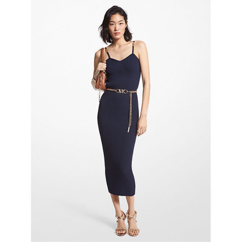 Michael Kors Ribbed Stretch Viscose Belted Bustier Dress